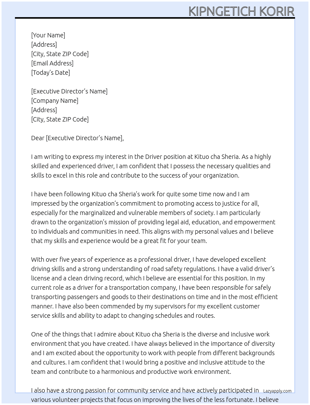 driver At Kituo cha Sheria Cover Letter