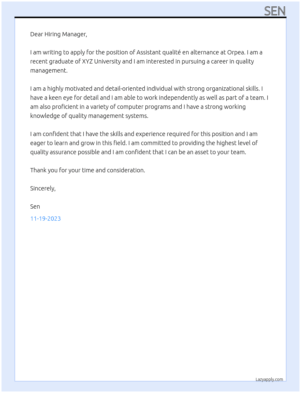 Assistant qualité en alternance  At Orpea Cover Letter
