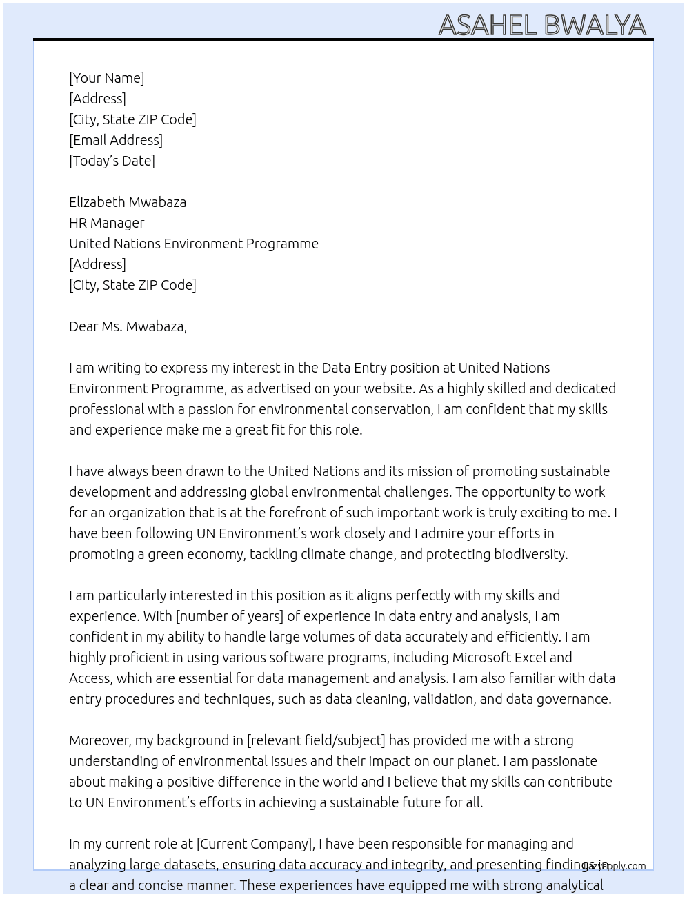 Data entry  At United nations environment programme  Cover Letter