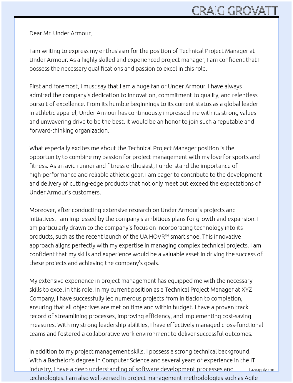 Technical Project Manager At Under Armour Cover Letter