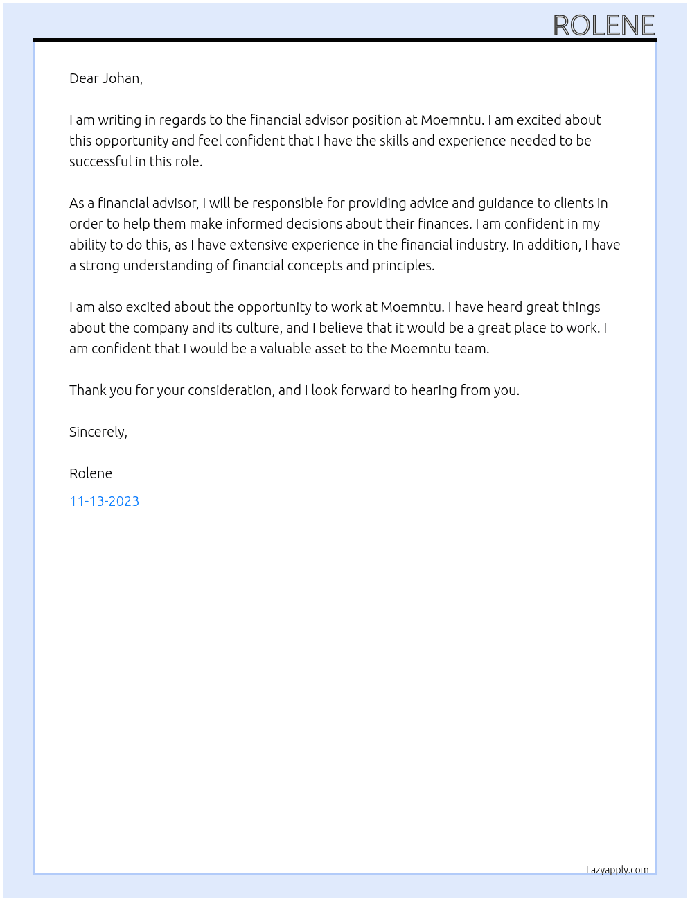 Financial advisor At Moemntu Cover Letter
