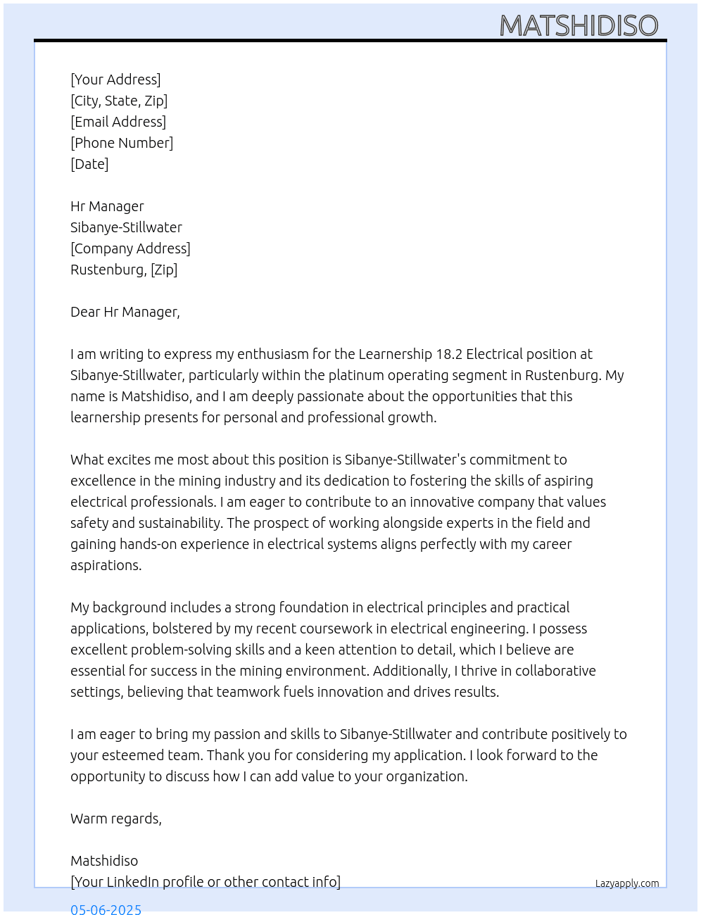 Learnership 18.2 Electrical  At Sibanye-Stillwater  Cover Letter