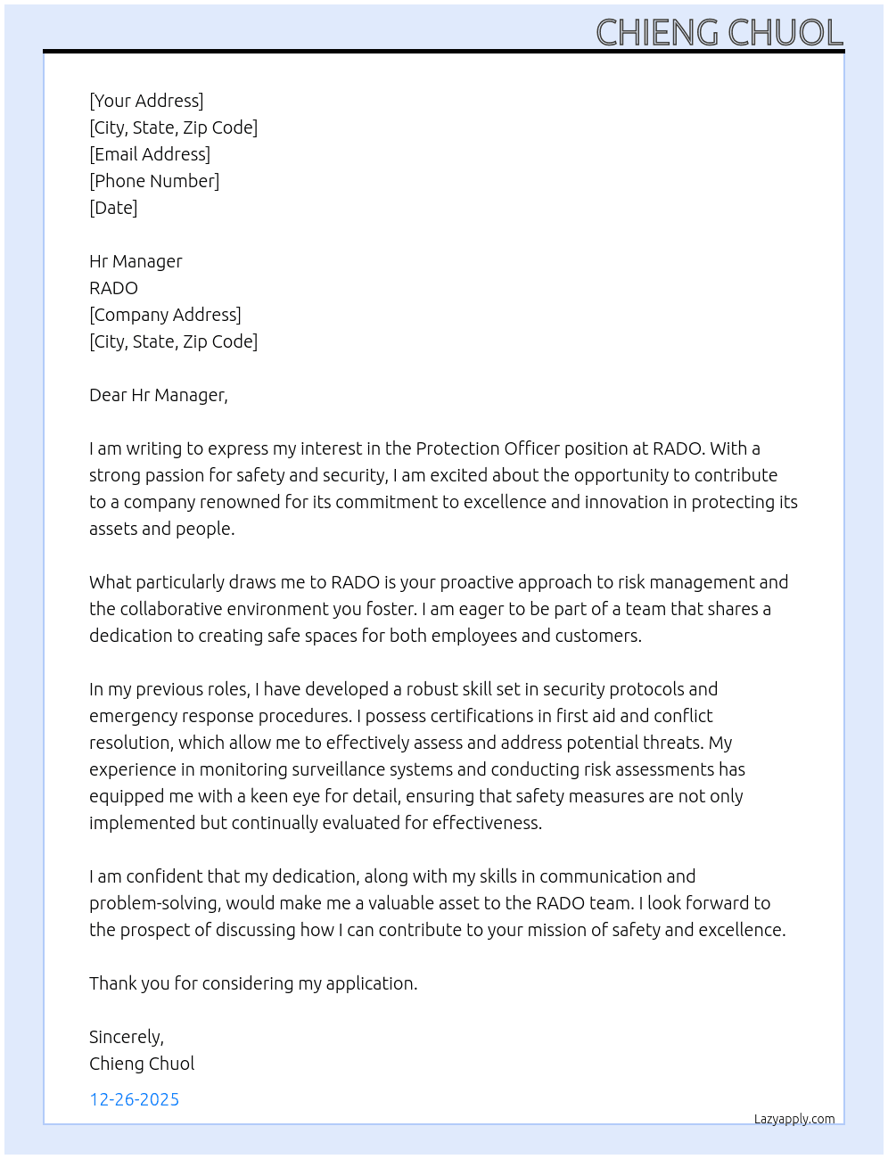 Protection Officer  At RADO Cover Letter