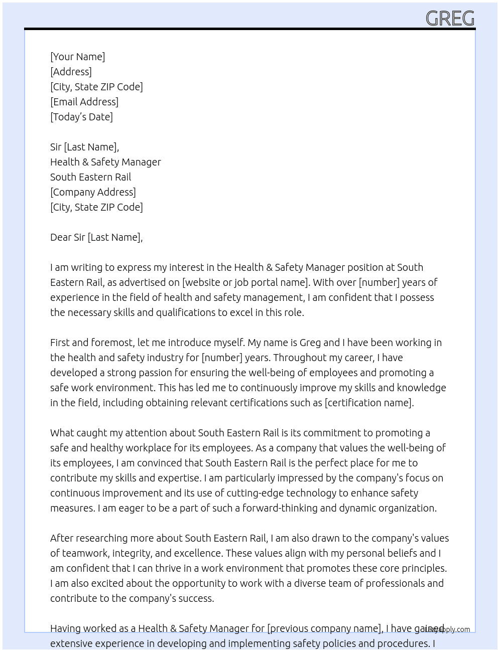 Health & Safety Manager At South Eastern Rail Cover Letter