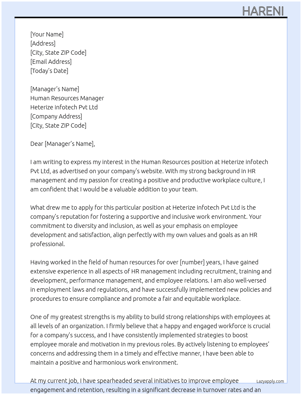 Human resources  At Heterize infotech Pvt Ltd  Cover Letter