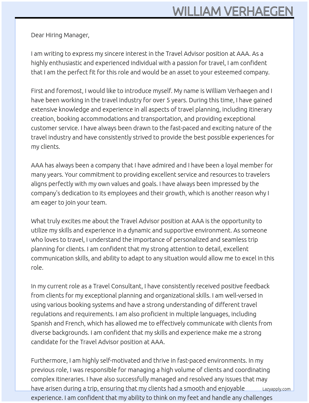 Travel Advisor At AAA Cover Letter