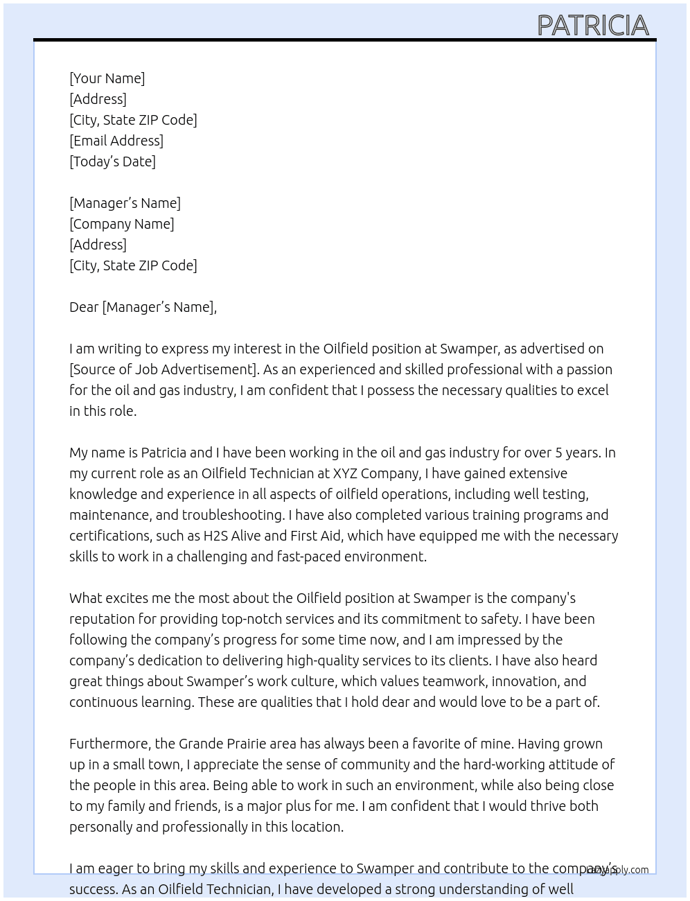 Oilfield At Swamper Cover Letter