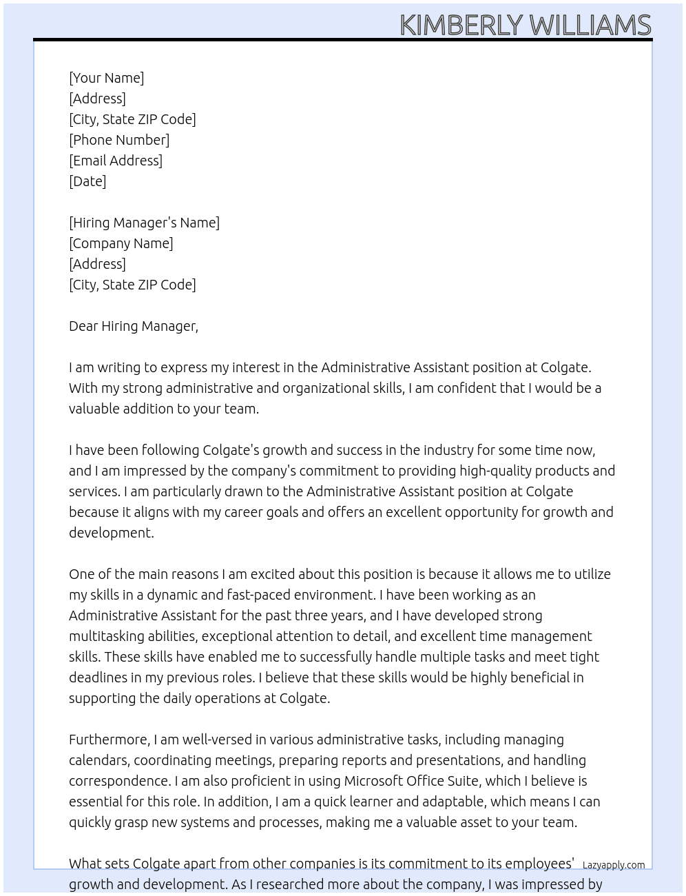 Administrative Assistant  At Colgate Cover Letter