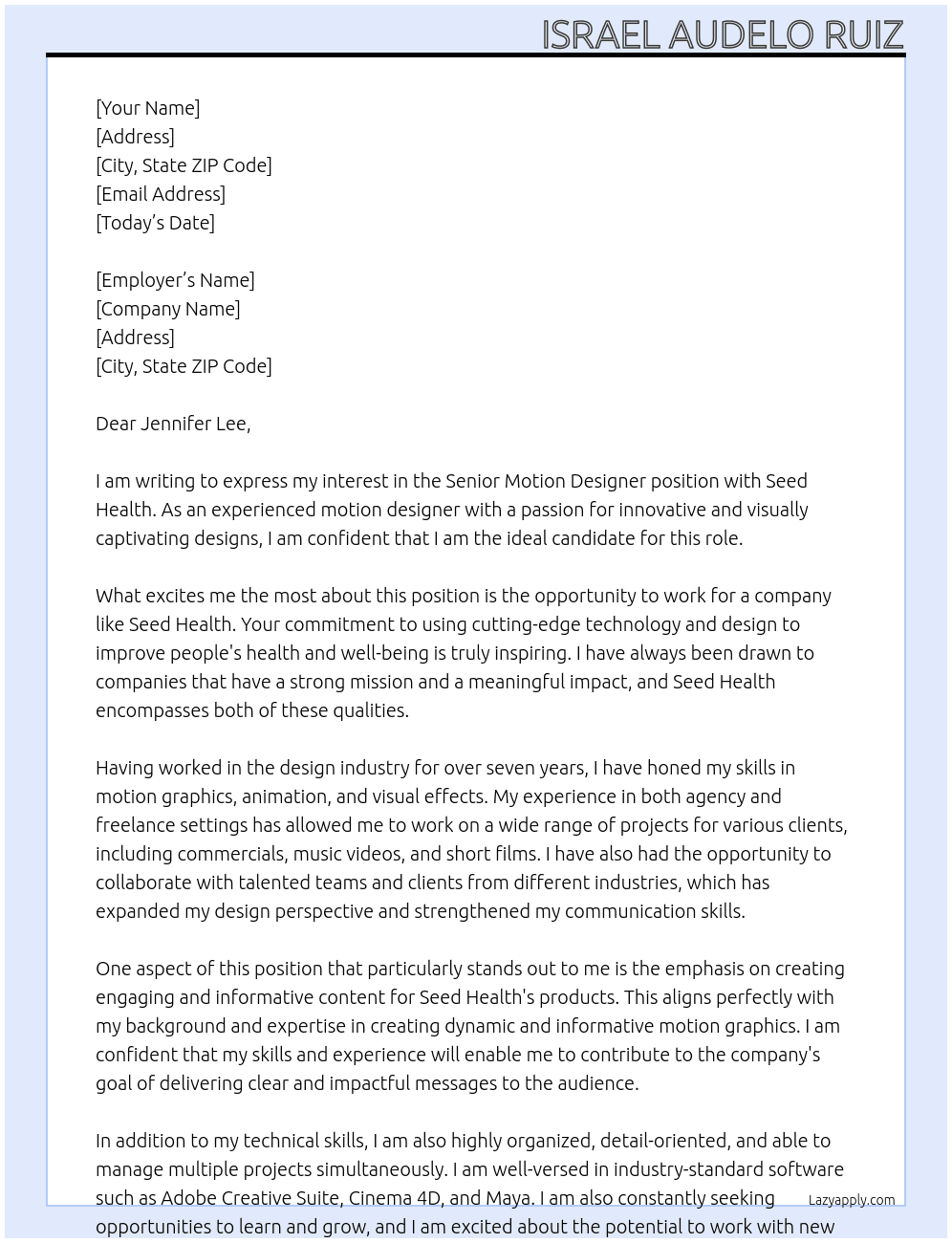Senior motion designer At Seed Health Cover Letter