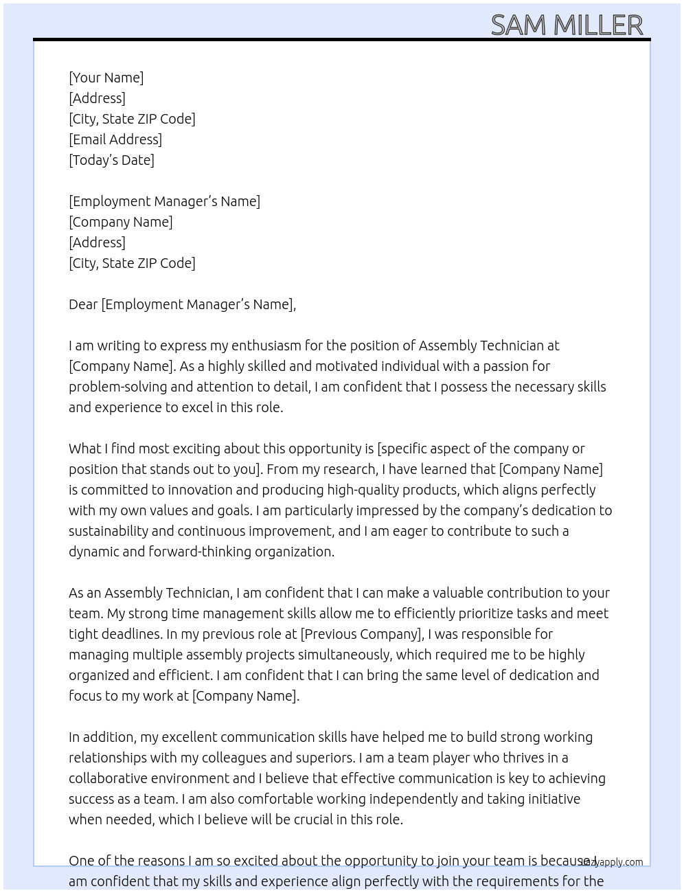 Assembly technician  At Hr Cover Letter