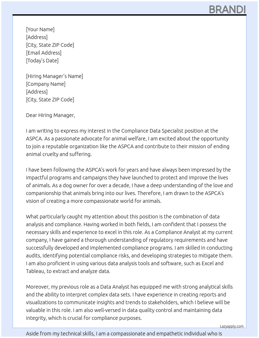 Compliance Data Specialist At ASPCA Cover Letter