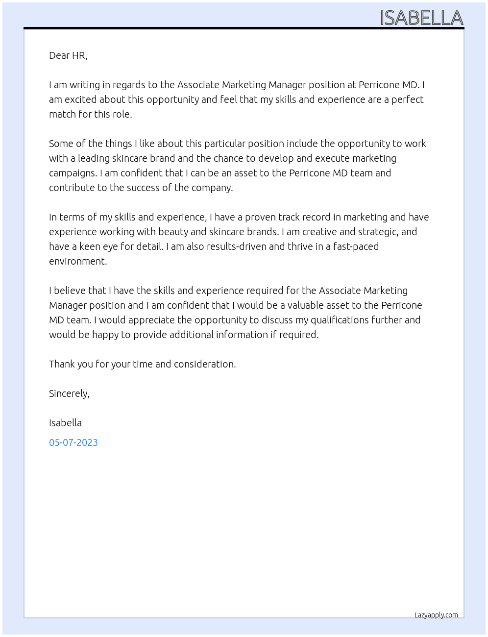 Associate Marketing Manager At Perricone MD Cover Letter