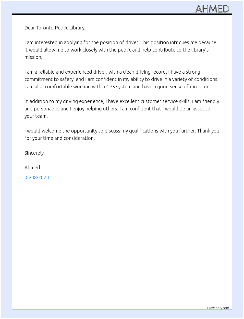 driving  At library  Cover Letter