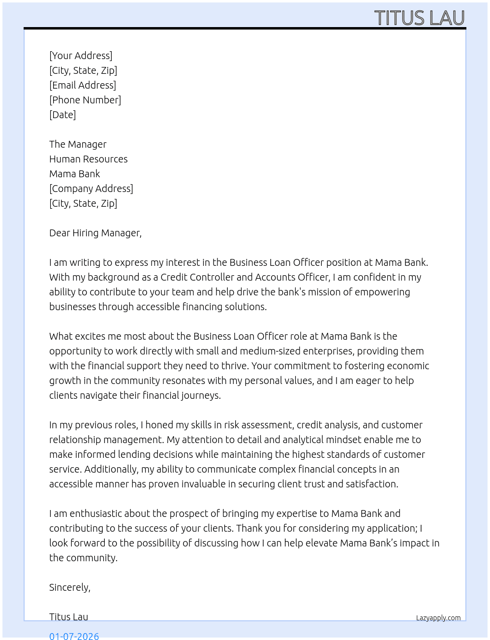 Business Loan Officer At Mama Bank Cover Letter