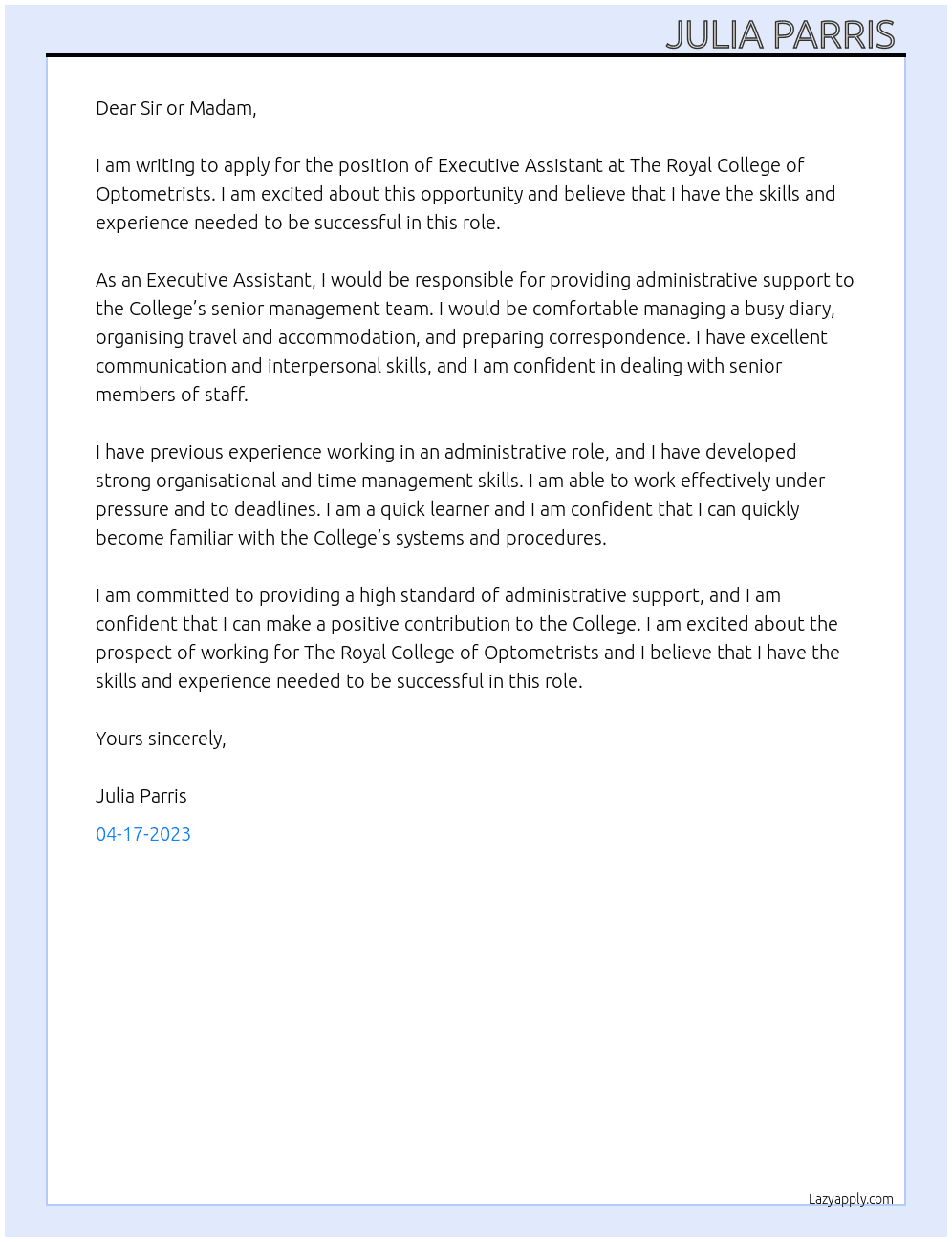 Executive Assistant  At The Royal College of Optometrists Cover Letter