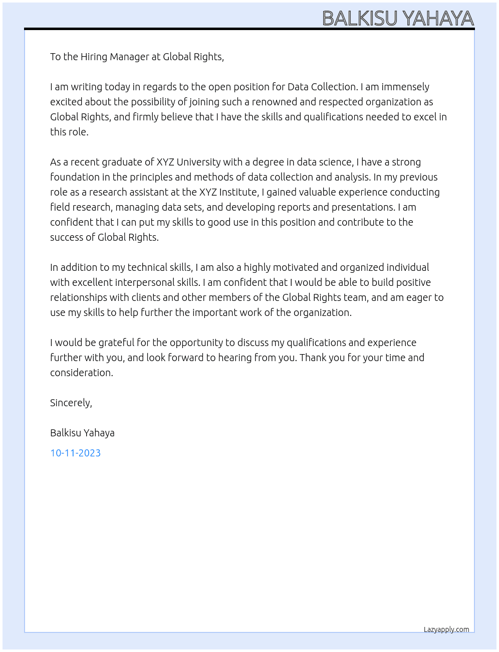 Data collection  At Global rights Cover Letter
