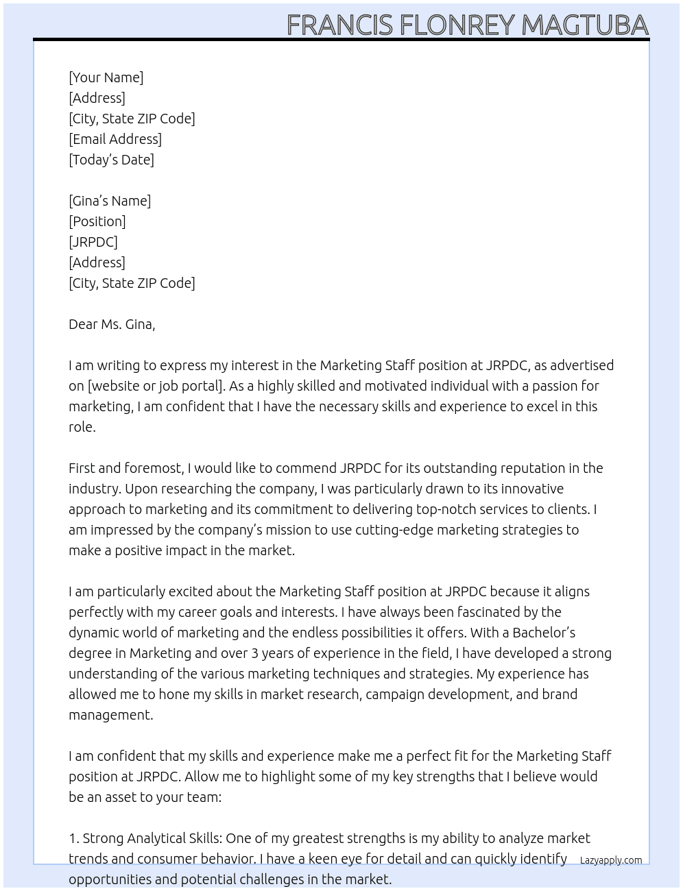 Marketing staff At JRPDC Cover Letter