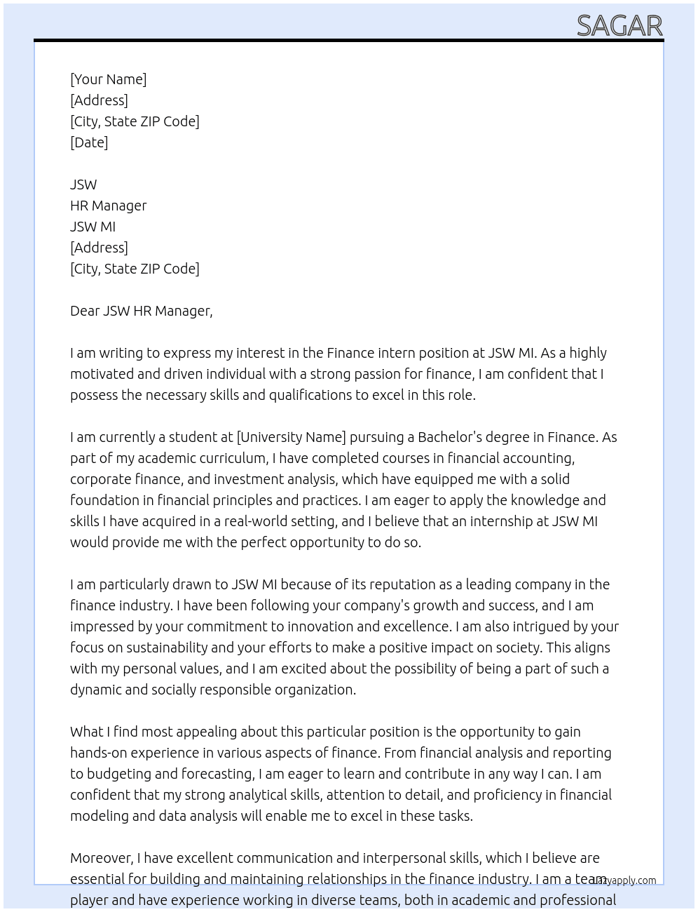 Finance intern At JSW MI Cover Letter