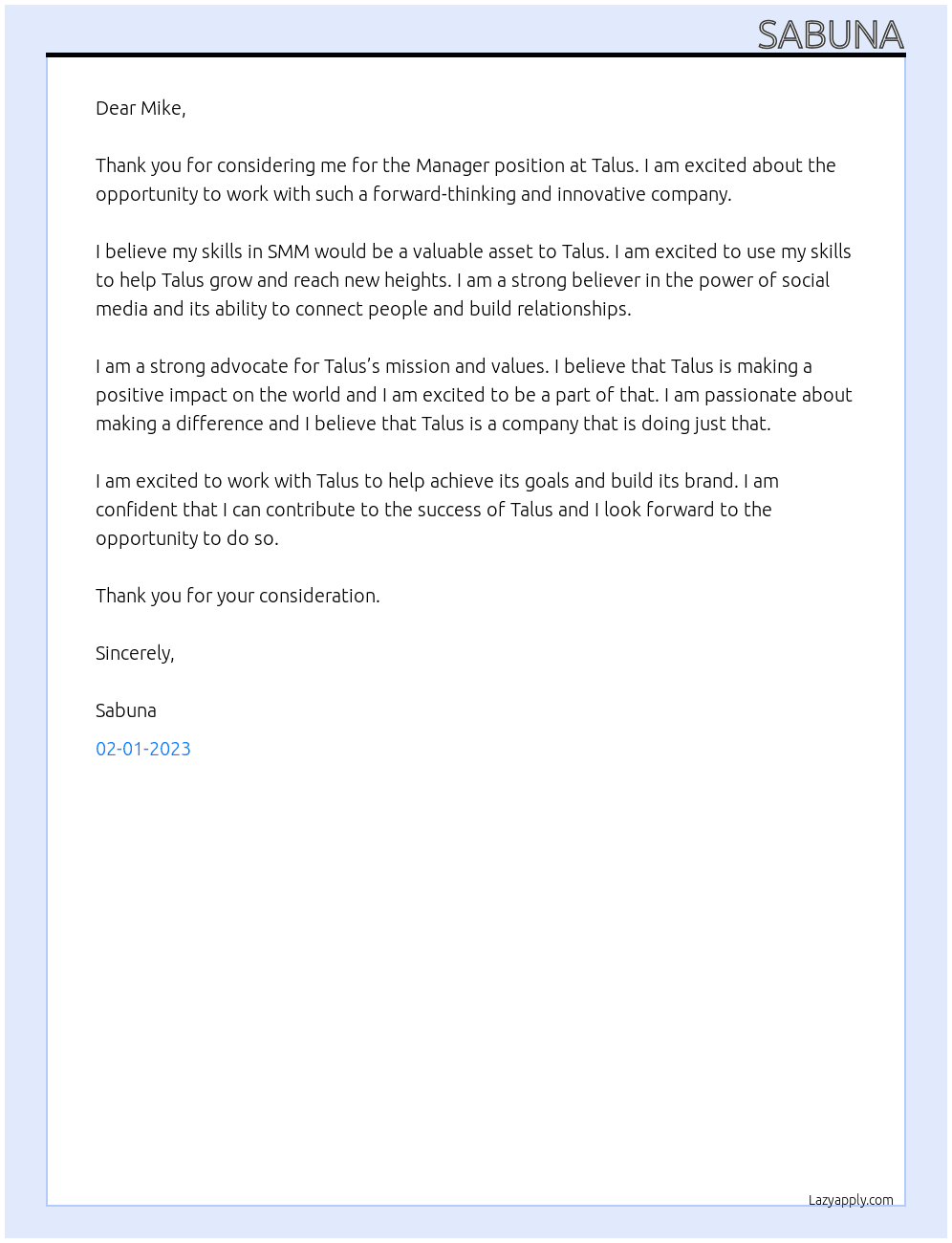 Manager At Talus  Cover Letter