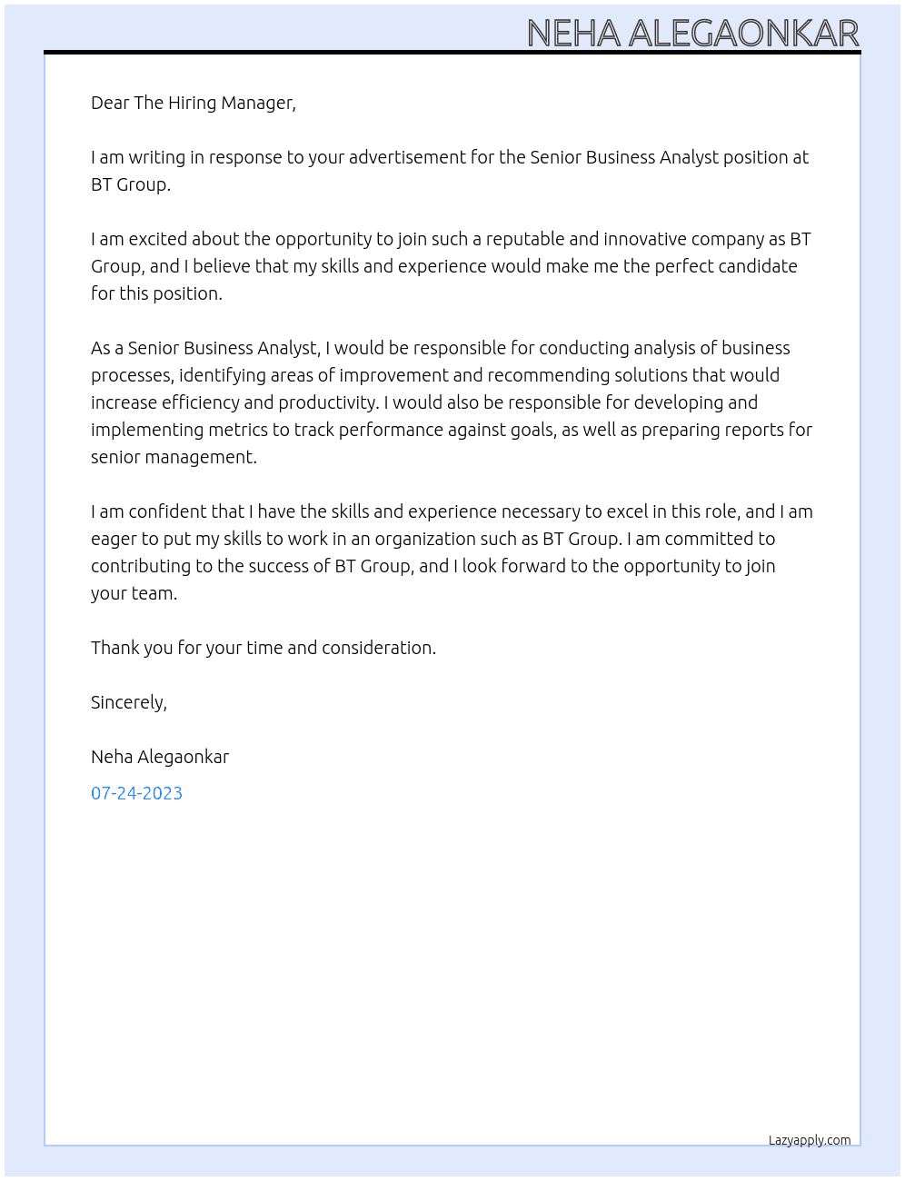 Senior Business Analyst At BT Group Cover Letter