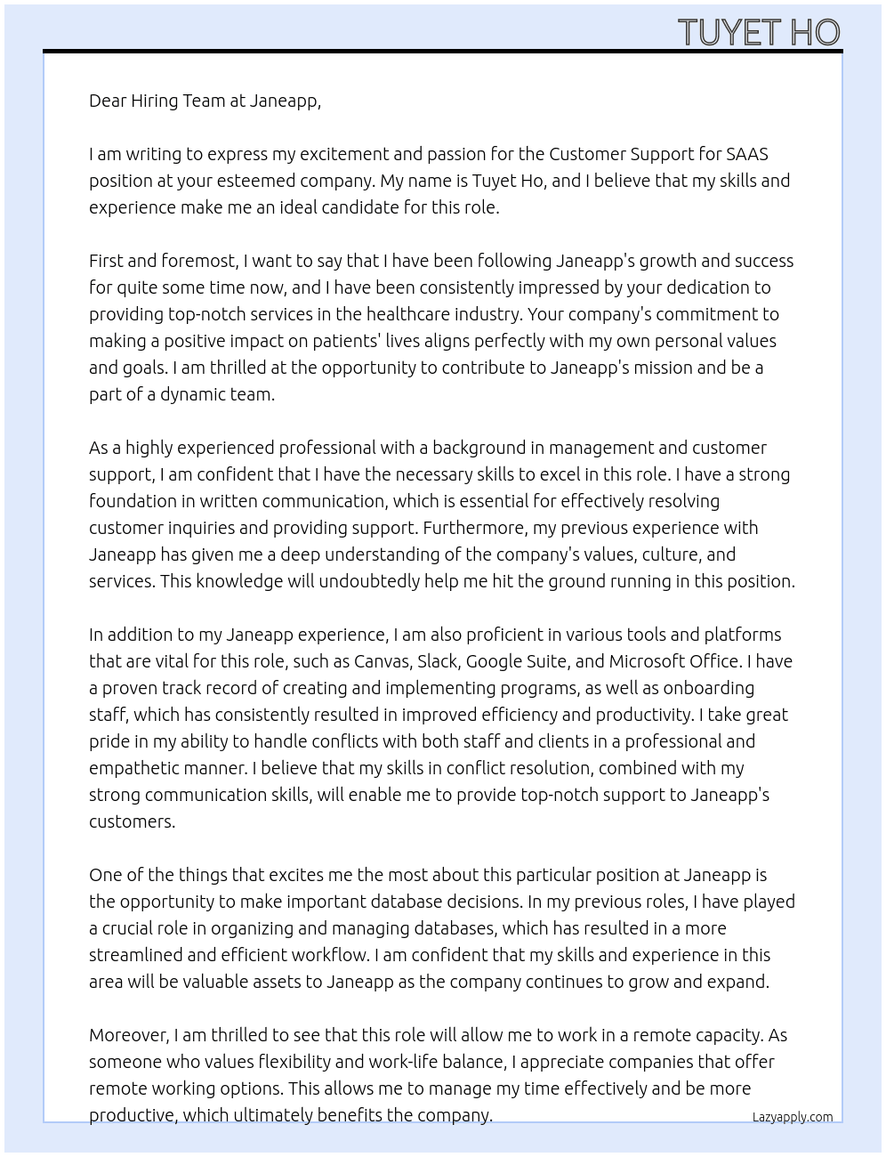 Customer support for SAAS At Janeapp Cover Letter