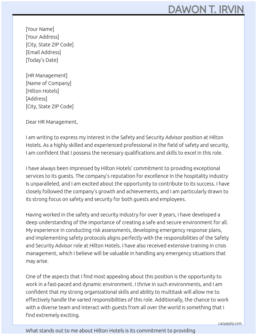 Safety and Security Advisor At Hilton Hotels Cover Letter