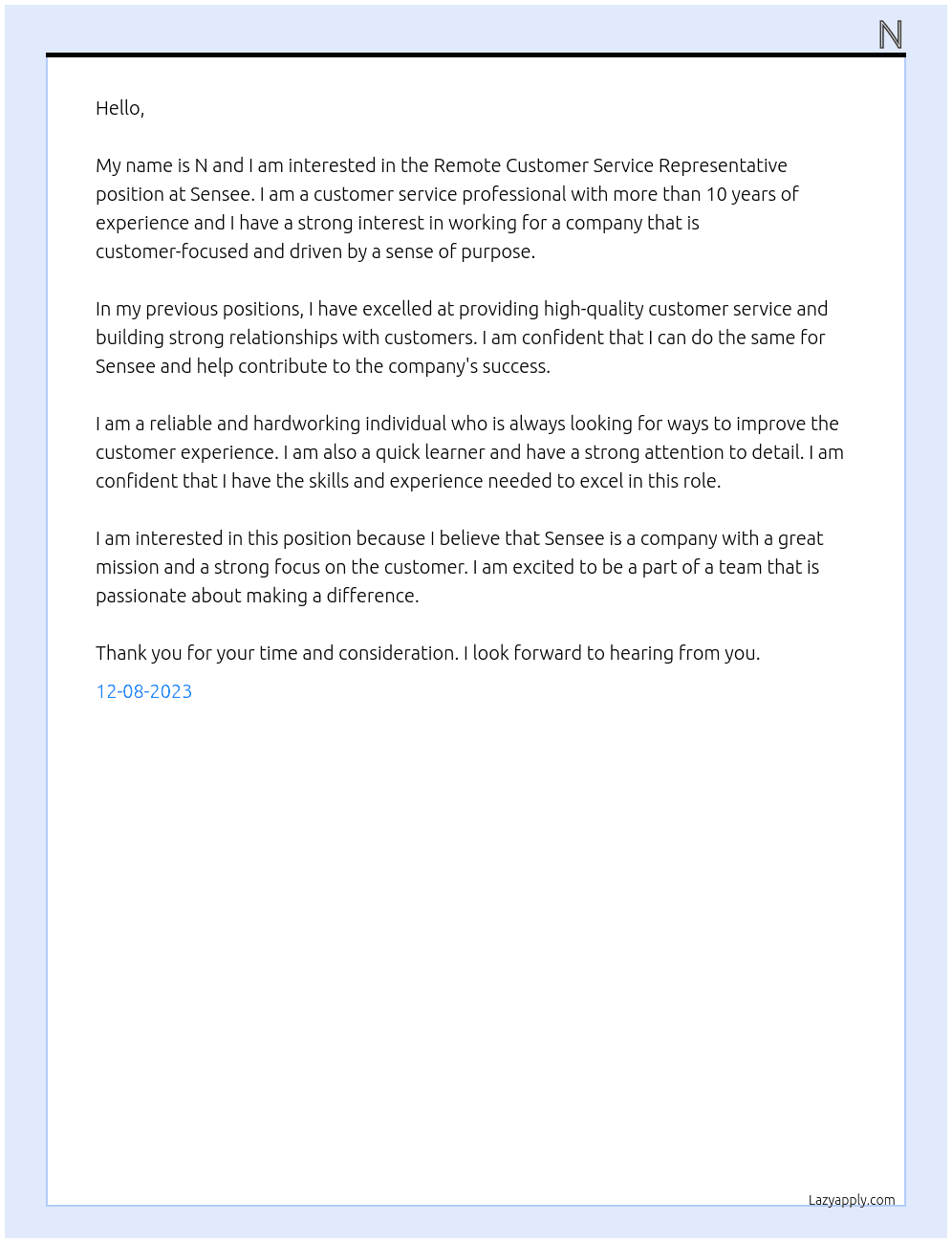 Remote Customer Service Representative  At Sensee Cover Letter