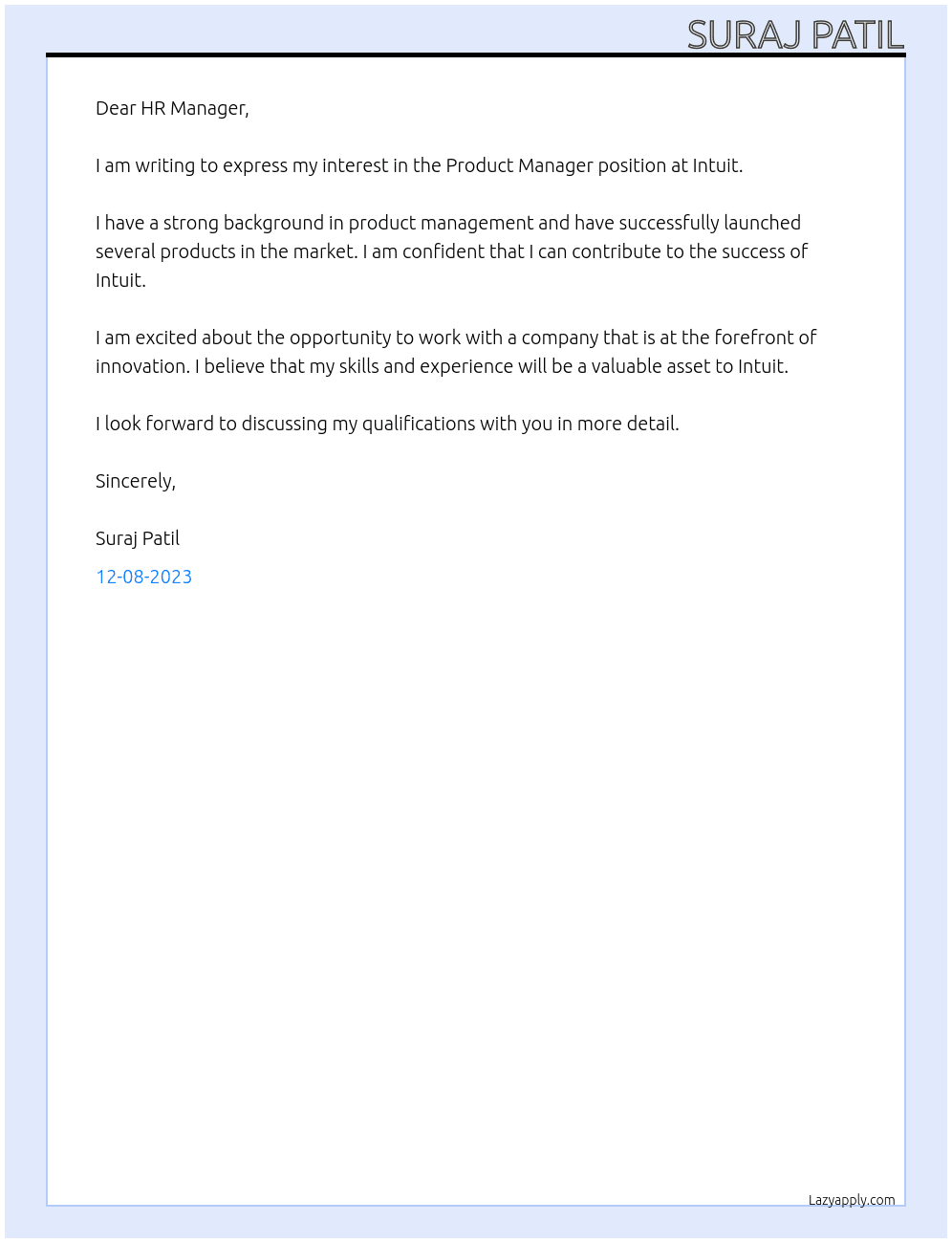Product manager  At Intuit  Cover Letter