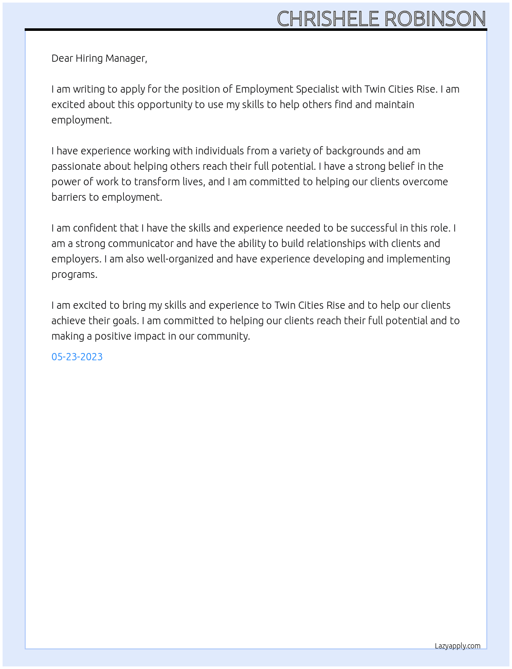 Employment Specialist  At Twin Cities Rise Cover Letter