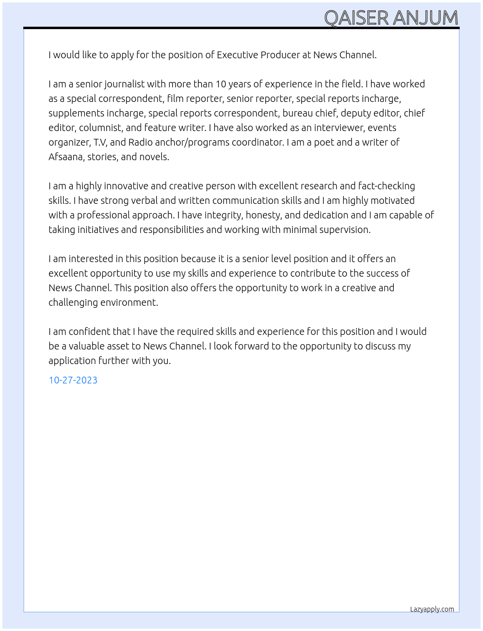 Senior Journalist At News Channel Cover Letter
