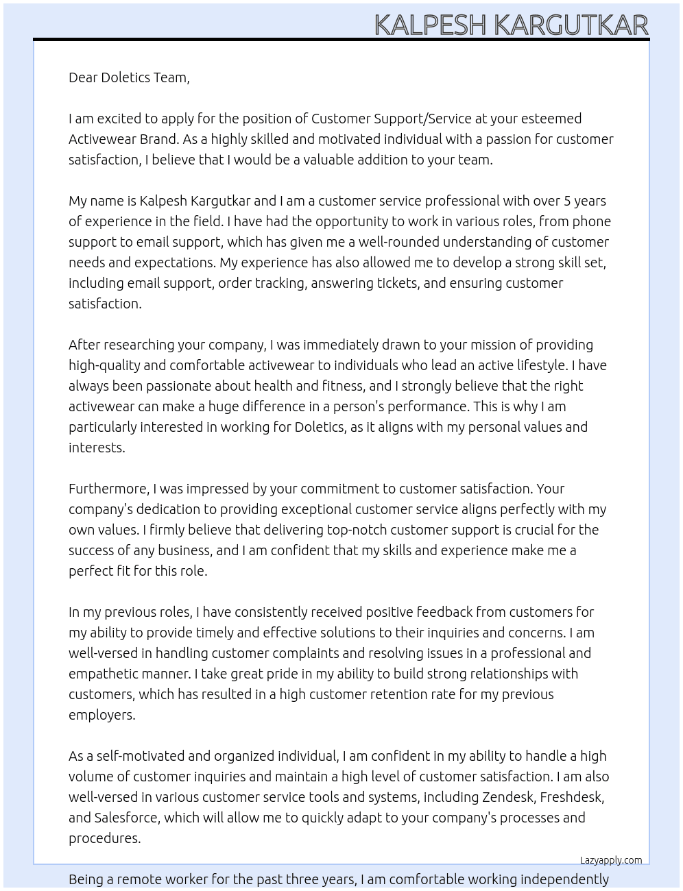 Customer Support/Service at an Activewear Brand At Doletics Cover Letter