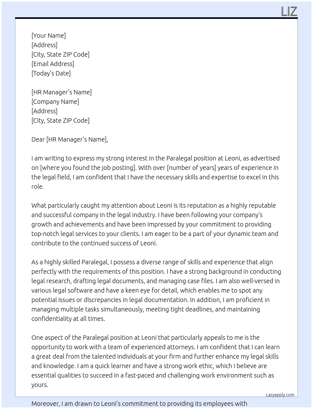 paralegal At Leoni Cover Letter