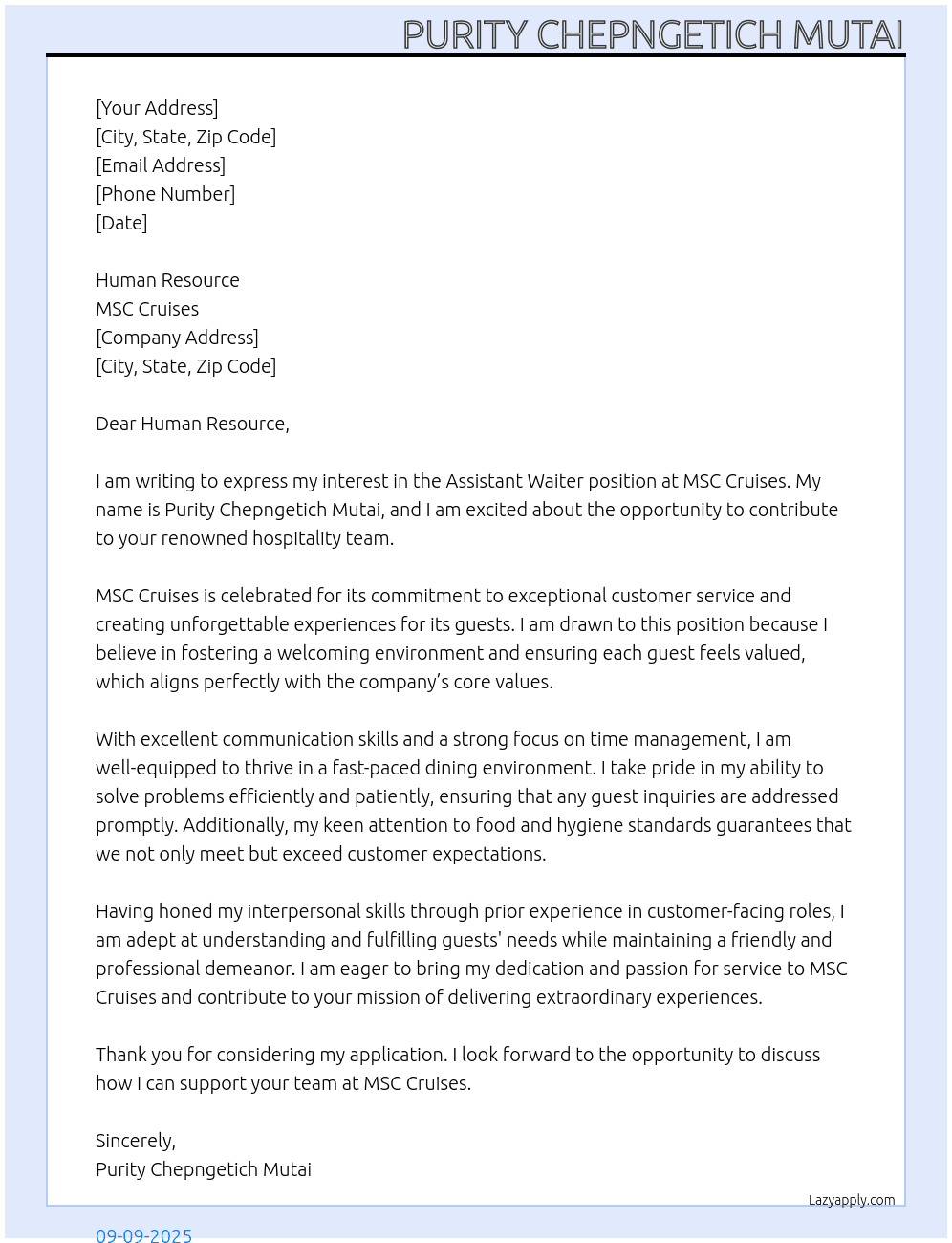 Assistant Waiter At MSC Cruises Cover Letter