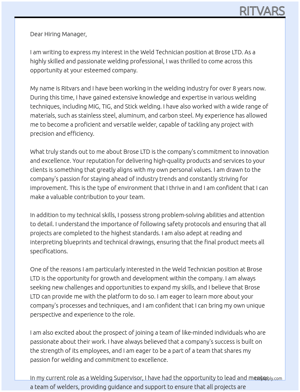 Weld Technician  At Brose LTD Cover Letter