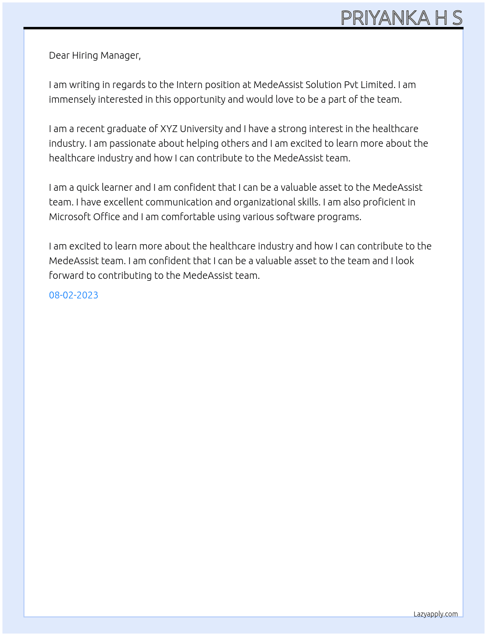 Intern At MedeAssist Solution Pvt Limited  Cover Letter
