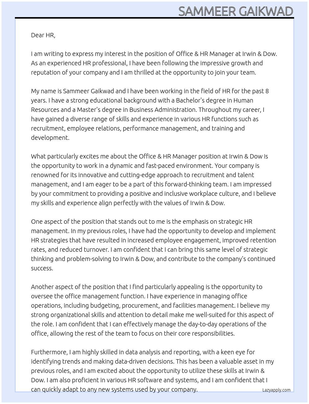 Office & HR Manager At Irwin & Dow Cover Letter