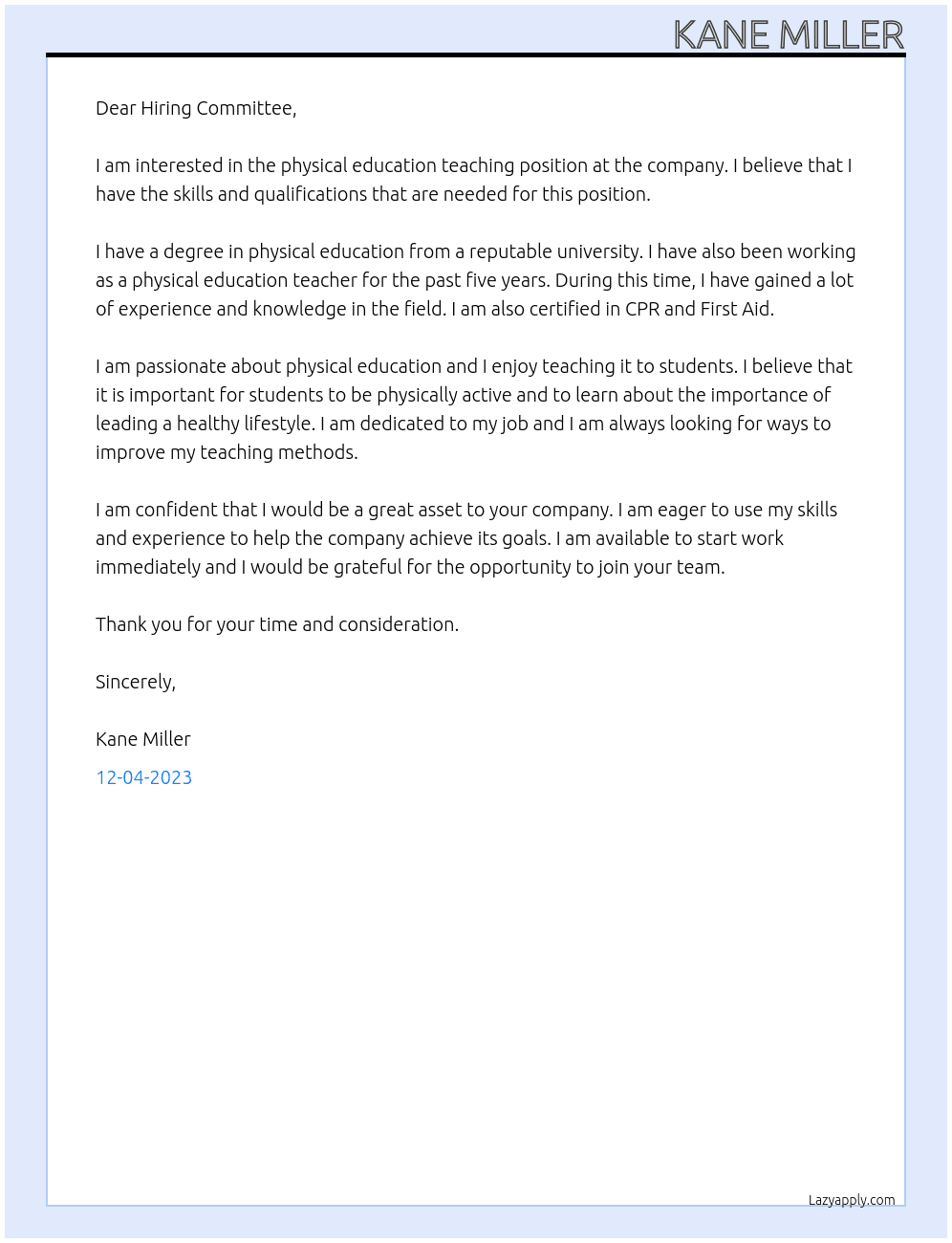 Physical Education Teacher At Physical Education Teaching Position Cover Letter