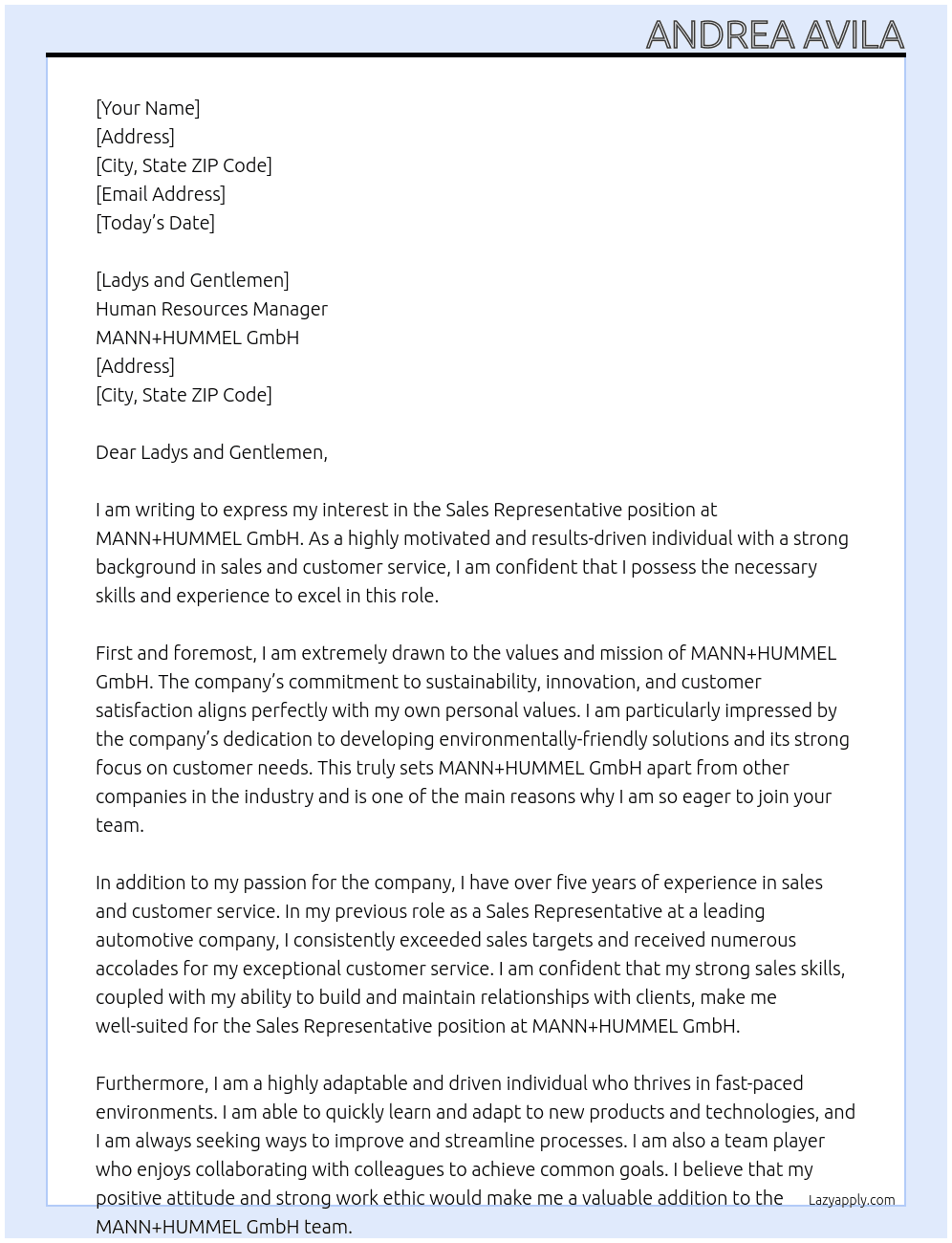 Sales Representative At MANN+HUMMEL GmbH Cover Letter
