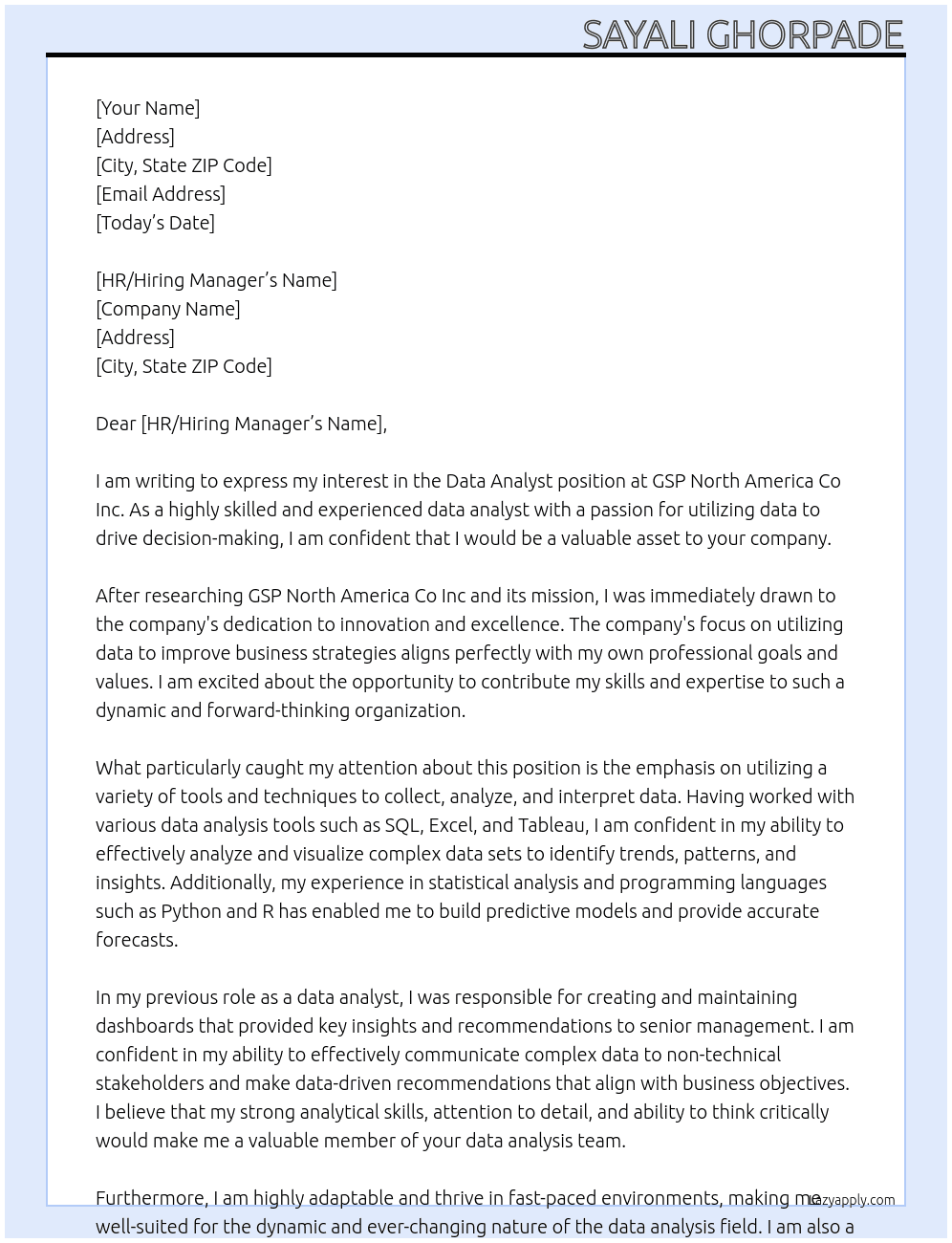 Data Analyst At GSP North America Co Inc Cover Letter