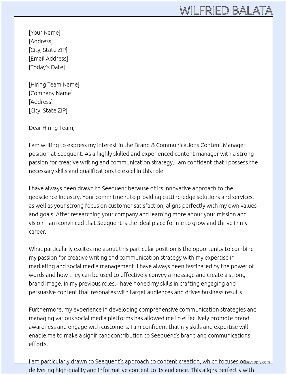 Brand & Communications Content Manager At Seequent Cover Letter