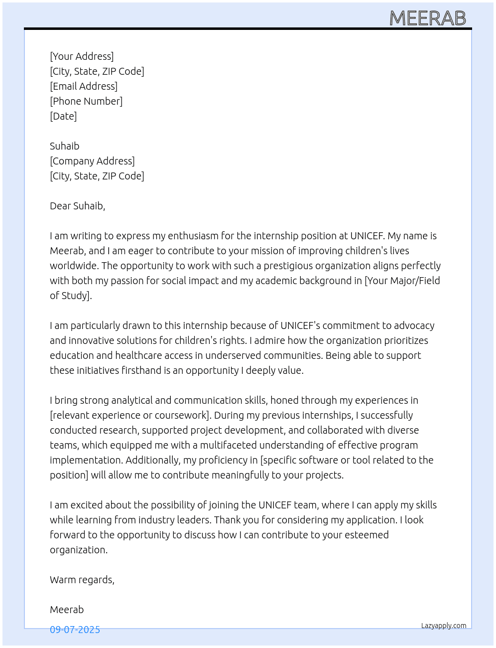Internship  At Suhaib  Cover Letter