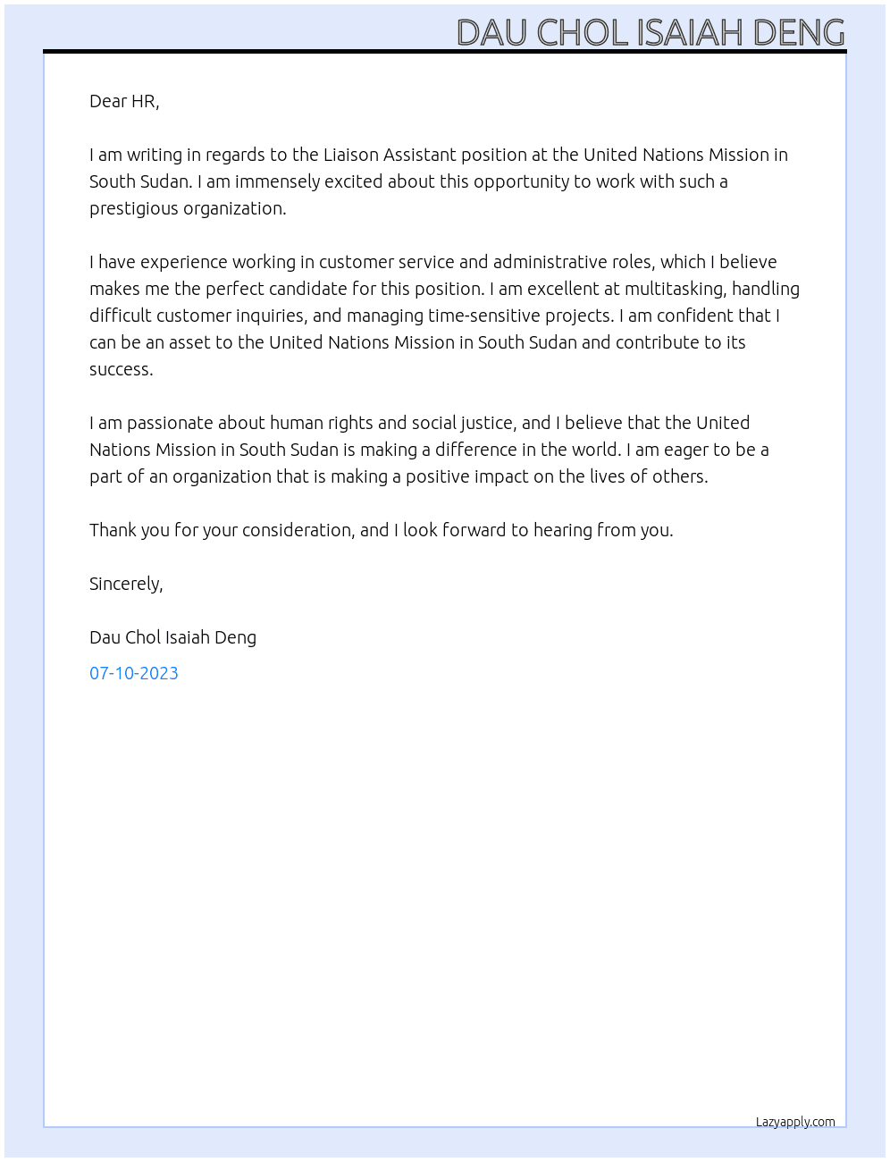 Liaison Assistant At united nations mission in South Sudan Cover Letter