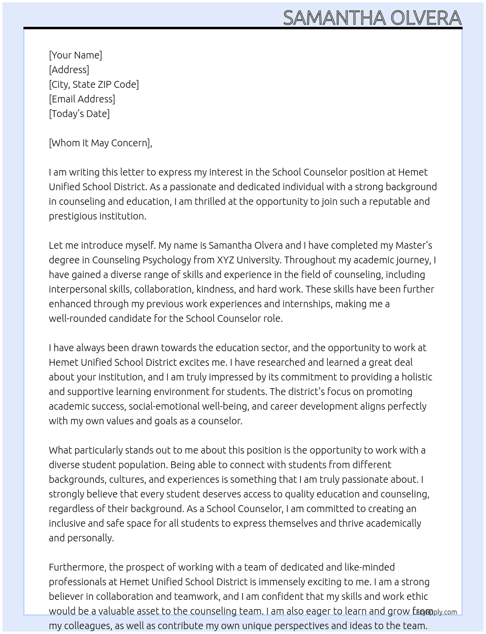 School Counselor At Hemet Unified School District Cover Letter