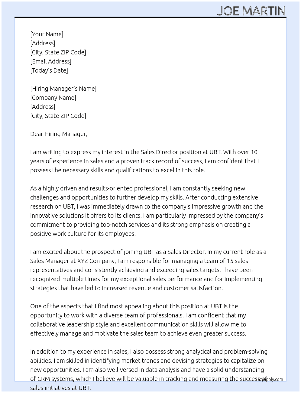 Sales director At UBT Cover Letter