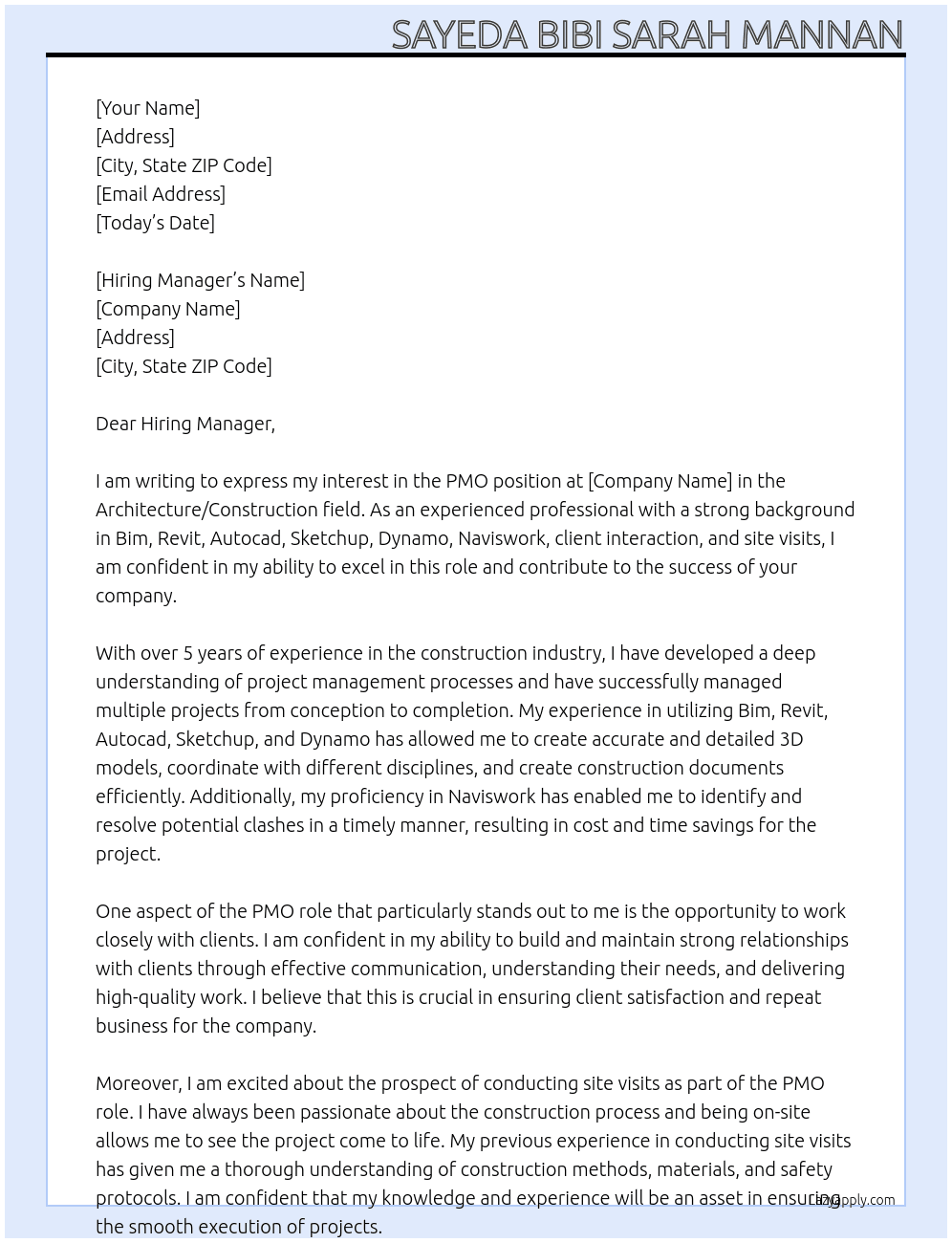 PMO At Architecture / Construction field Cover Letter