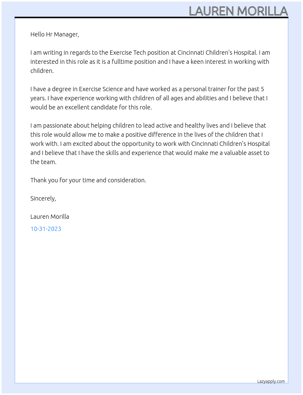 Exercise Tech At Cincinnati Children's Hospital Cover Letter