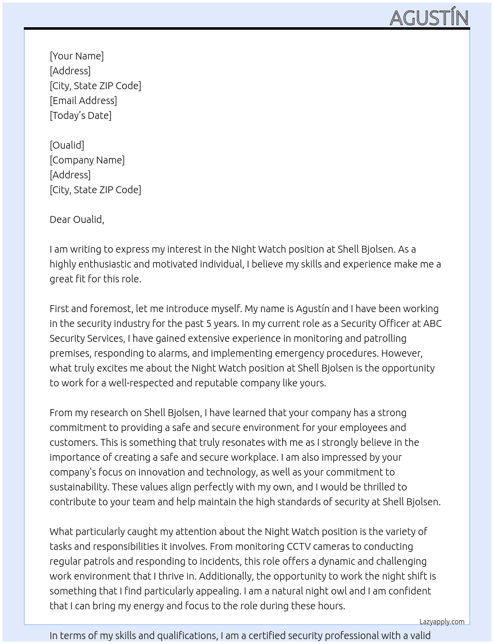 Night watch At Shell Bjolsen Cover Letter
