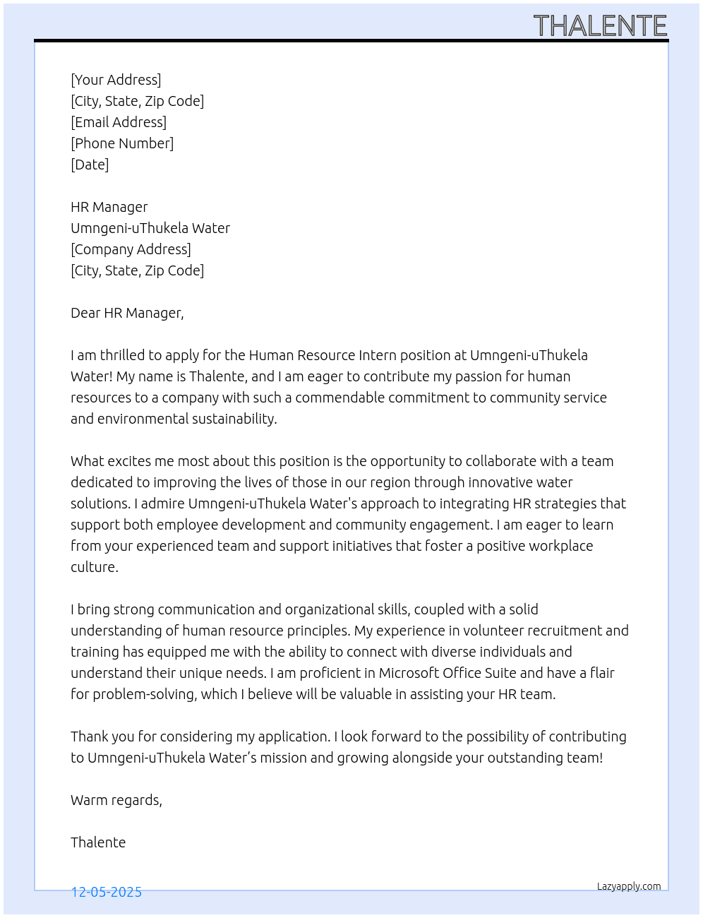 Human resource intern At Umngeni-uThukela water Cover Letter