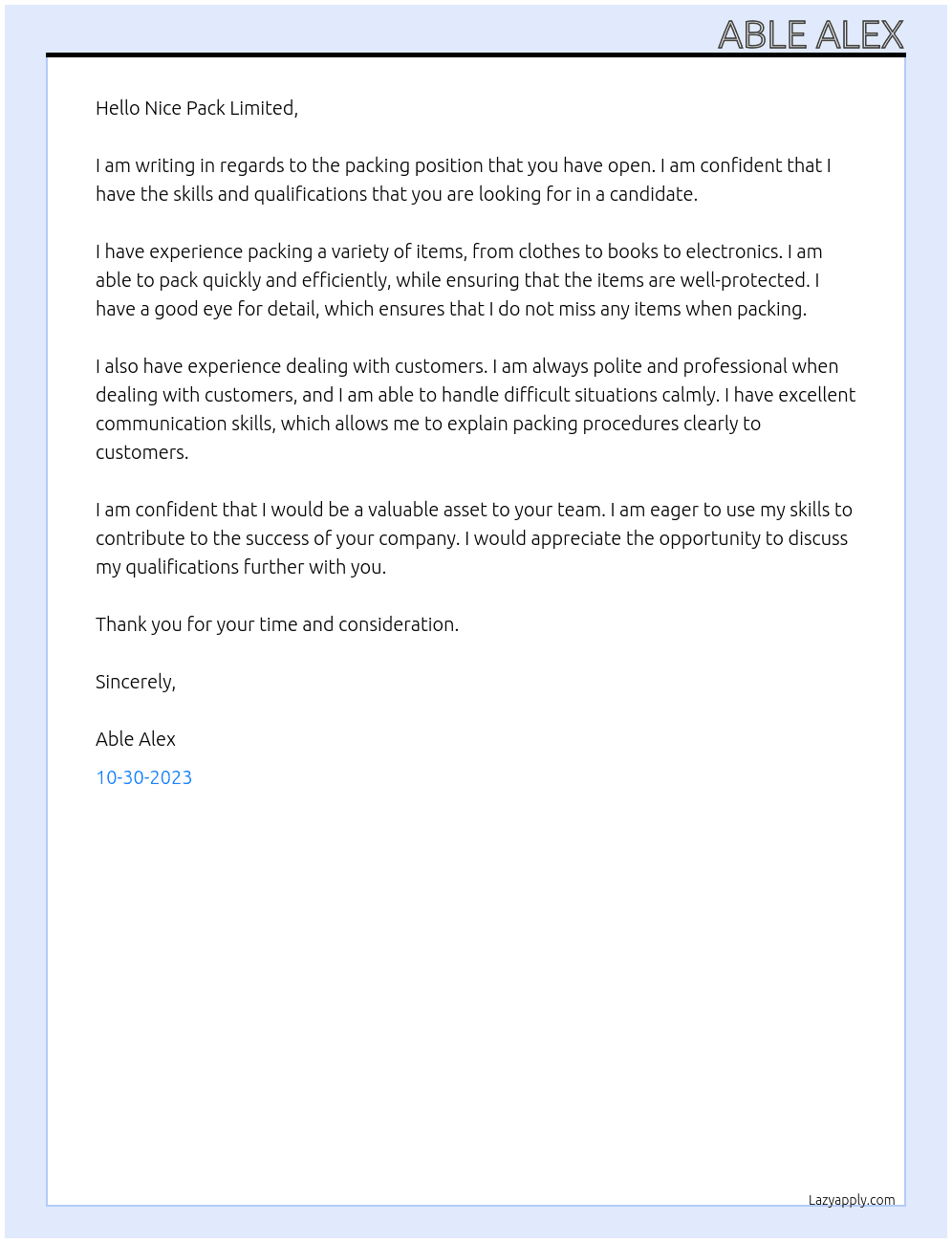 packing At Nice Pack Limited Cover Letter