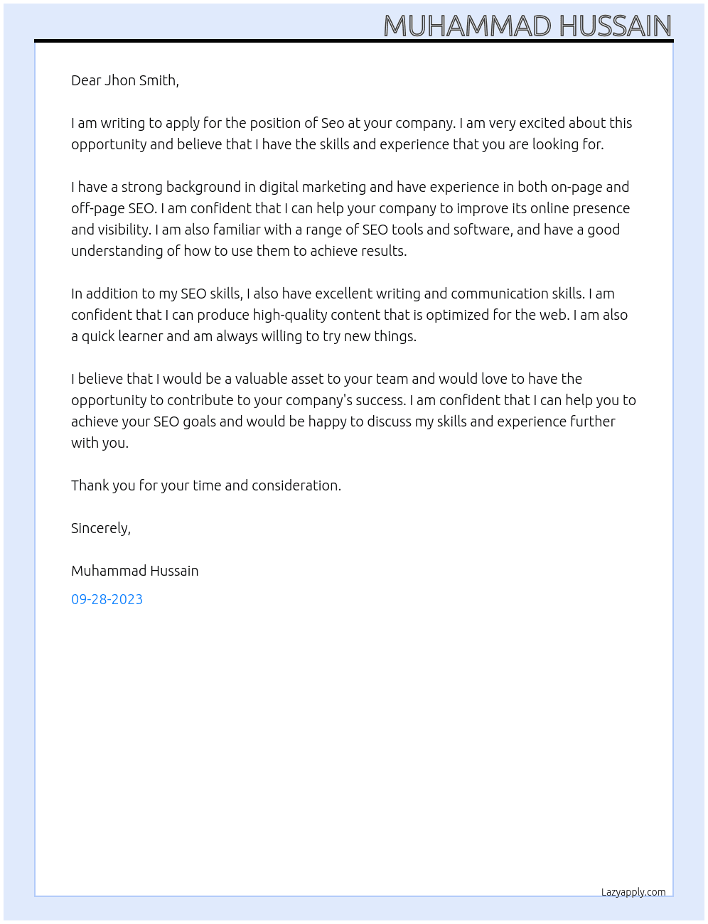 Seo At Jhon Smith  Cover Letter